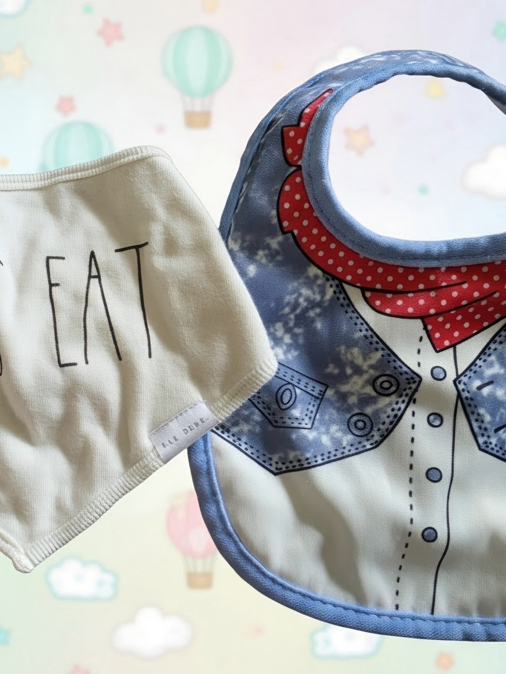 Magenta Blue Denim-Print Bib with Red Scarf Accent & Cream Bandana Bib